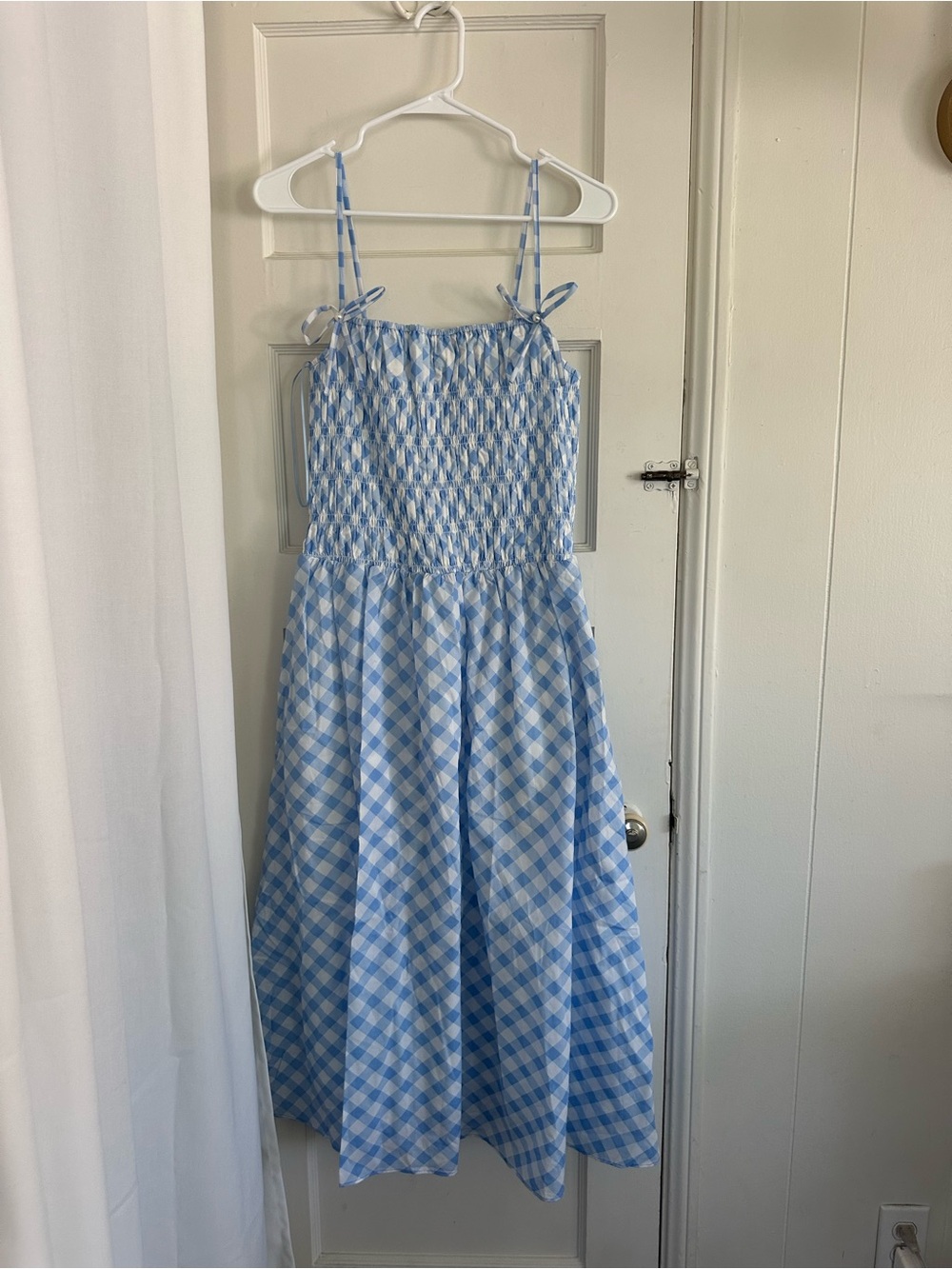 English Factory Light Blue & White Gingham Smocked Midi Dress